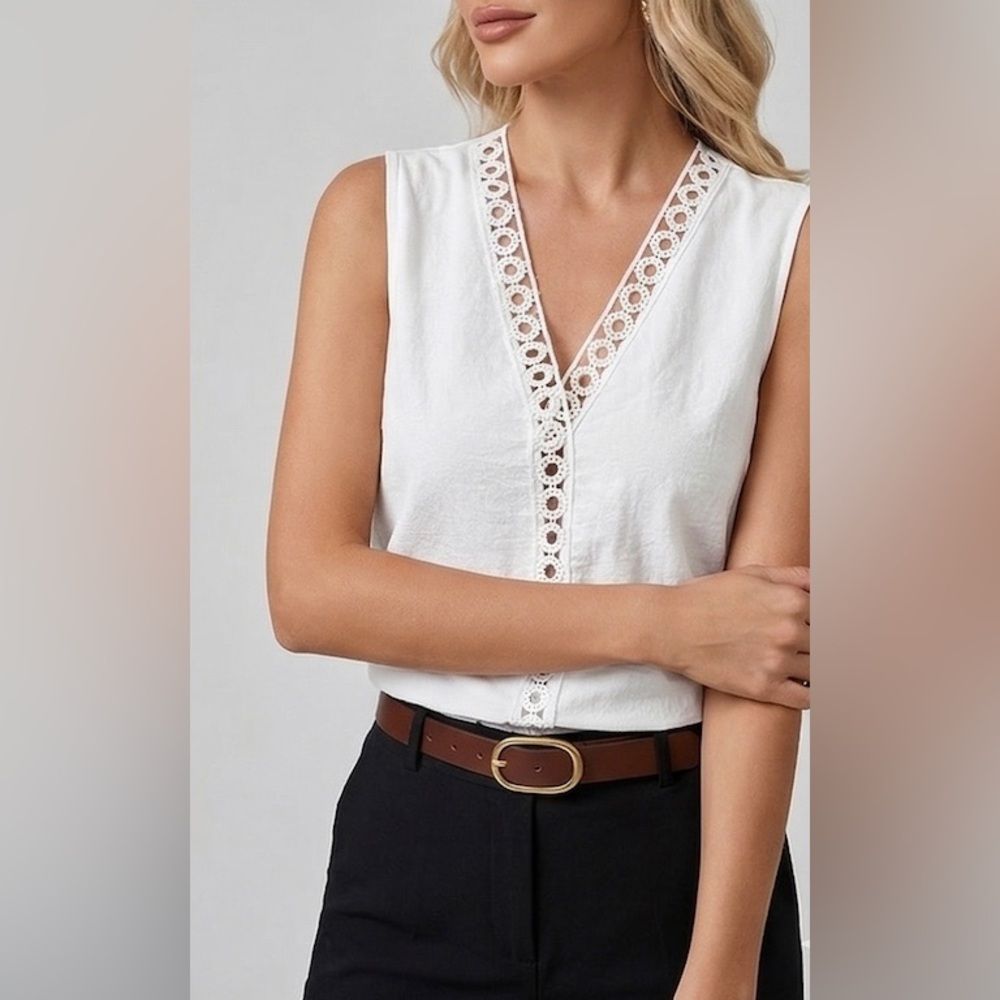 100% Cotton Boho V-Neck Crochet Detail Blouse White - Picture 4 of 8